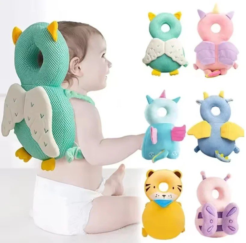 A baby in the owl Backpack next to six other designs