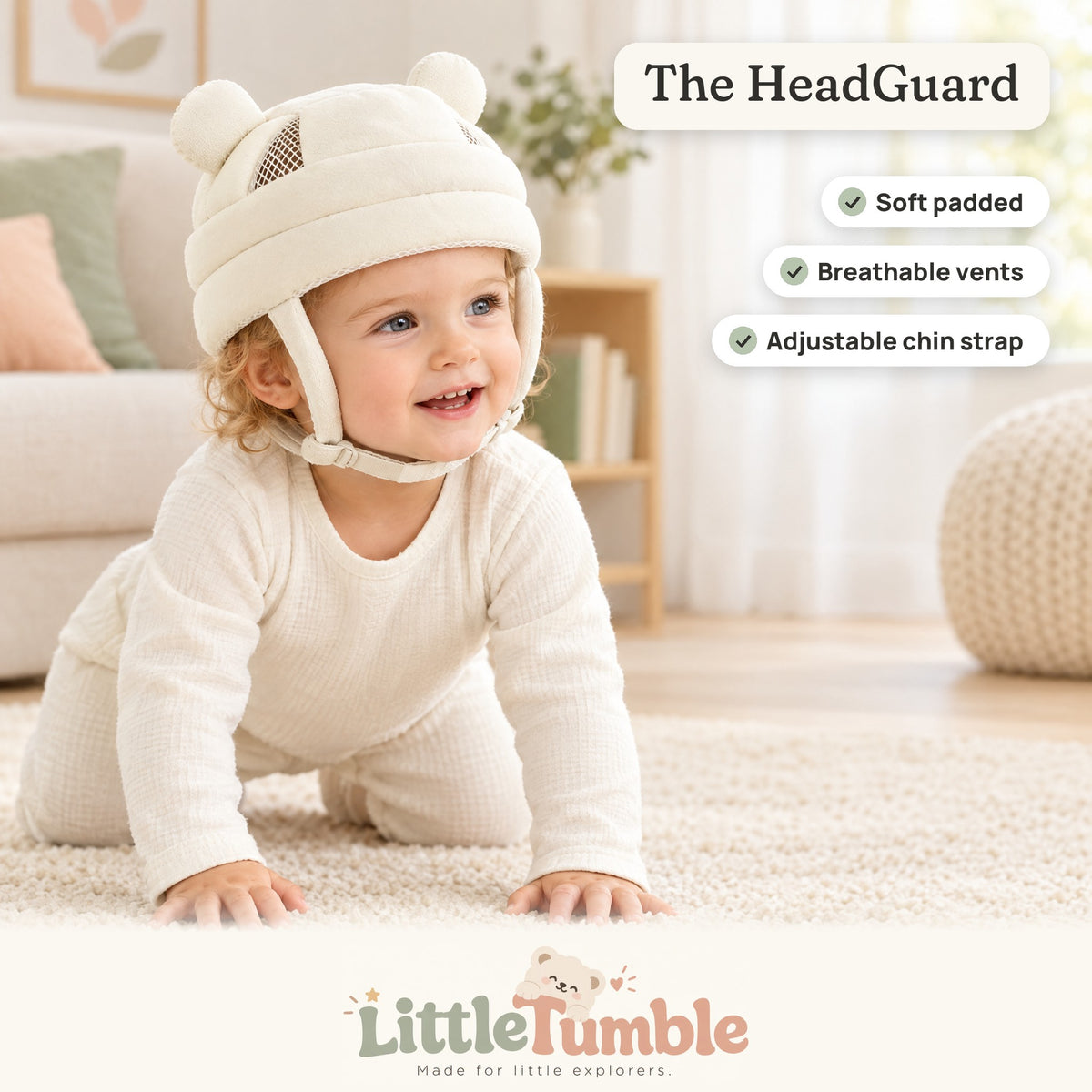 Toddler crawling in the cream HeadGuard