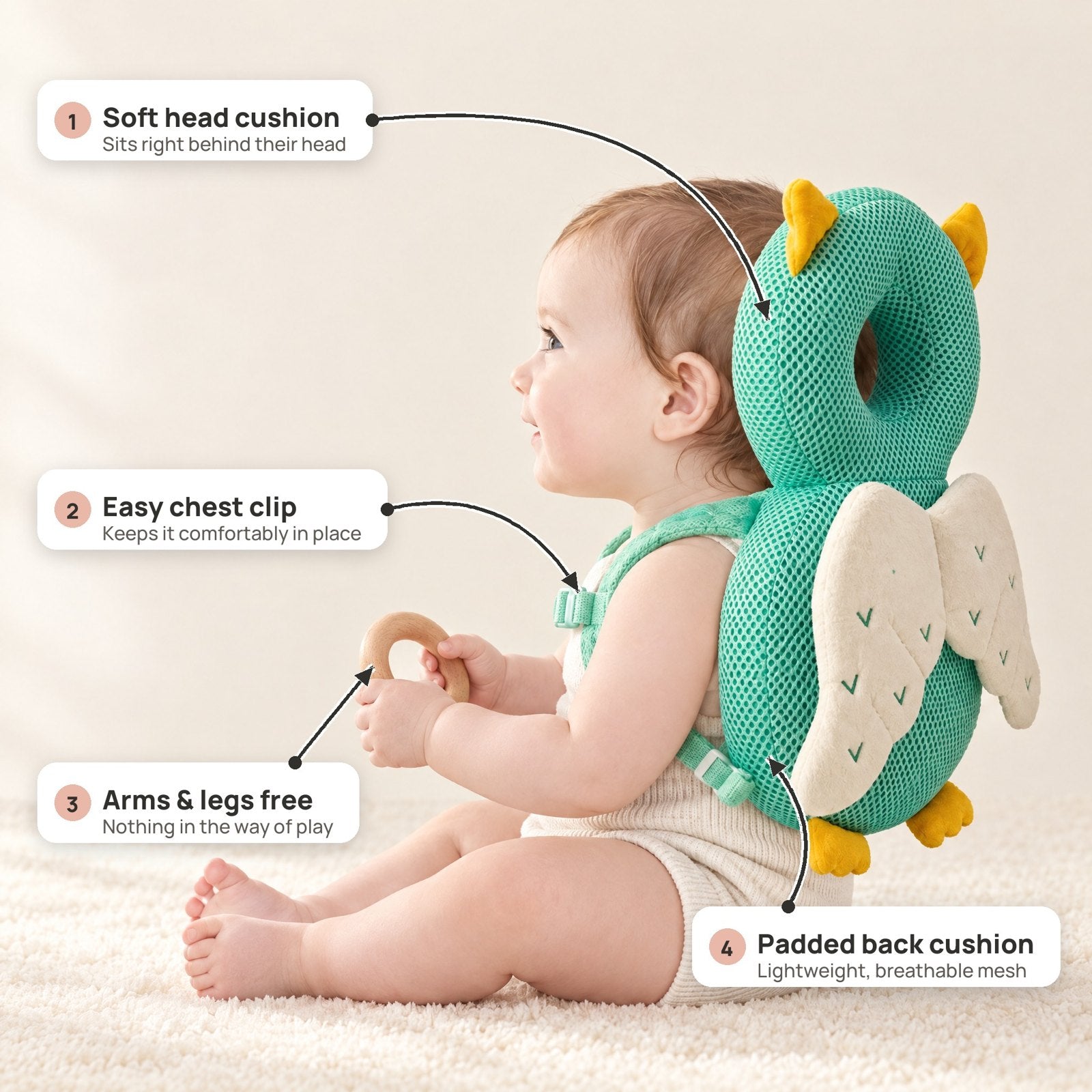 Breakdown of the LittleTumble Backpack on a seated baby: soft head cushion behind the head, easy chest clip, arms and legs free, padded back cushion